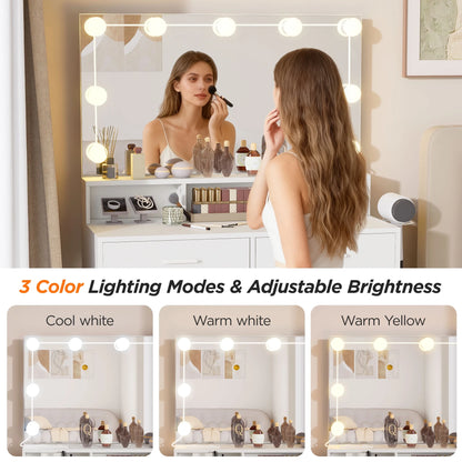 Modern Vanity Table Set with Lighted Mirror,Makeup Table with 2 Drawers & Power Strip,Dresser Desk for Girls, Women, White