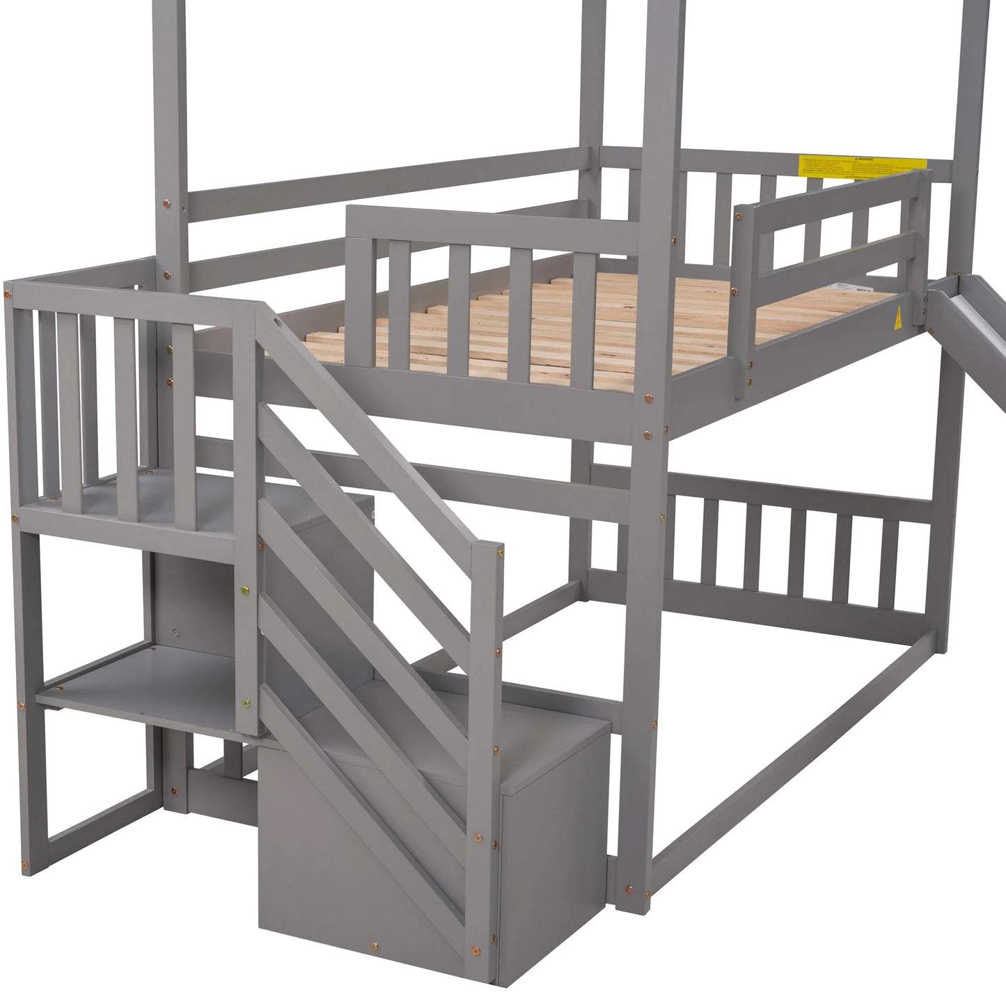 Twin House Bunk Bed with Staircase for Kids Teens Bedroom, Solid Wood Bunk Bed with Storage, Gray