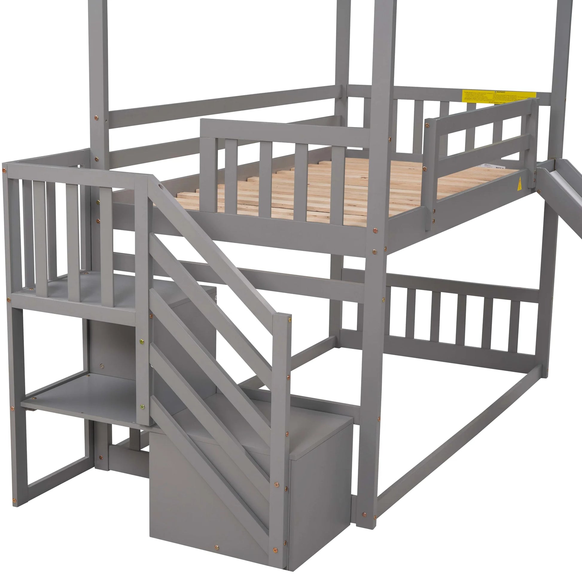 Twin House Bunk Bed with Staircase for Kids Teens Bedroom, Solid Wood Bunk Bed with Storage, Gray