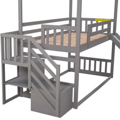 Twin House Bunk Bed with Staircase for Kids Teens Bedroom, Solid Wood Bunk Bed with Storage, Gray