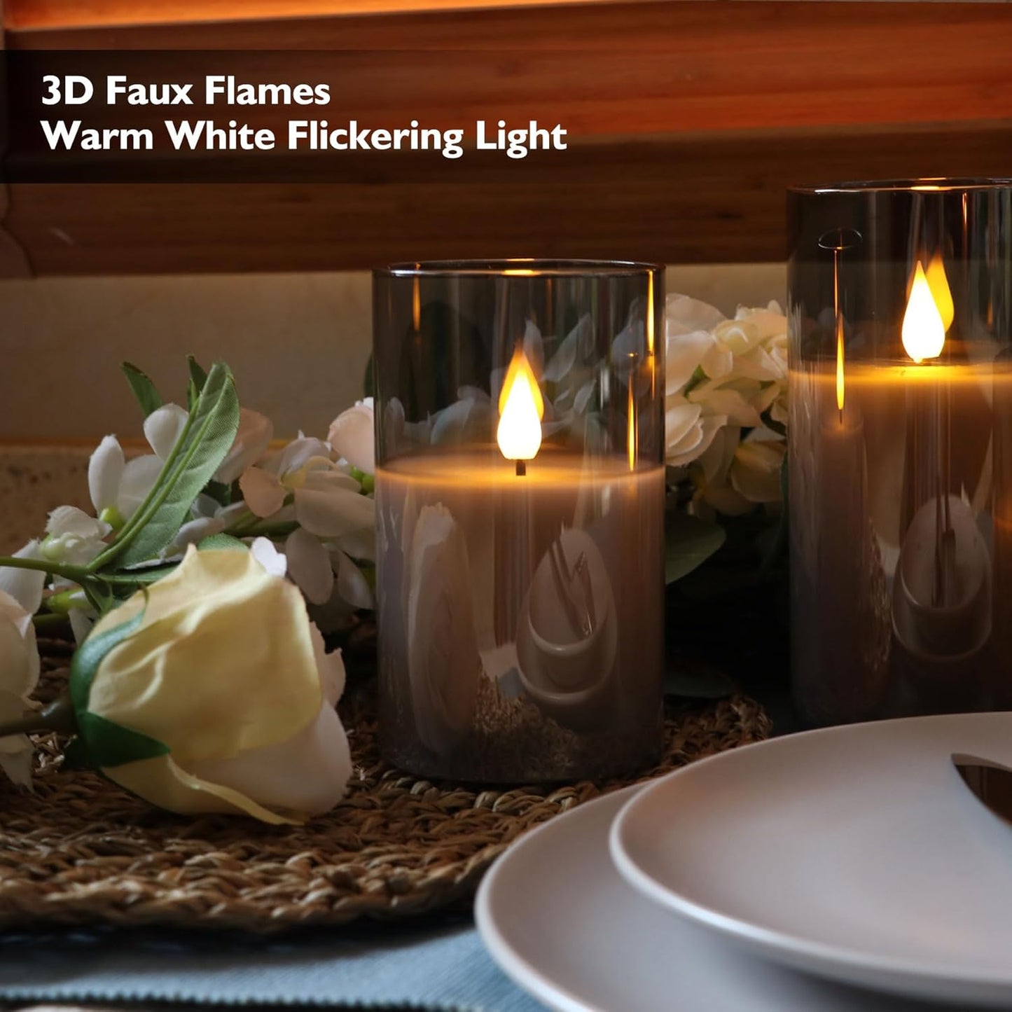 Gray Glass Battery Operated LED Candles with Remote, Flameless Candle Gift Set, Warm White Light - Include 6 Batteries