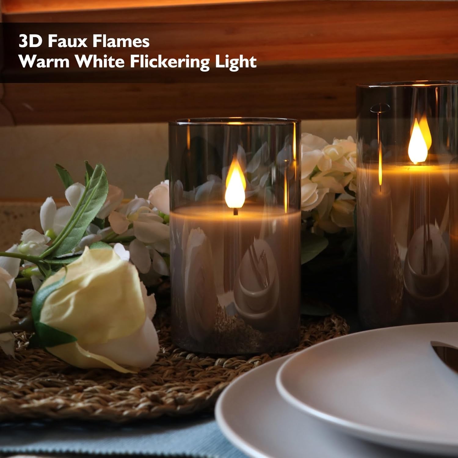 Gray Glass Battery Operated LED Candles with Remote, Flameless Candle Gift Set, Warm White Light - Include 6 Batteries
