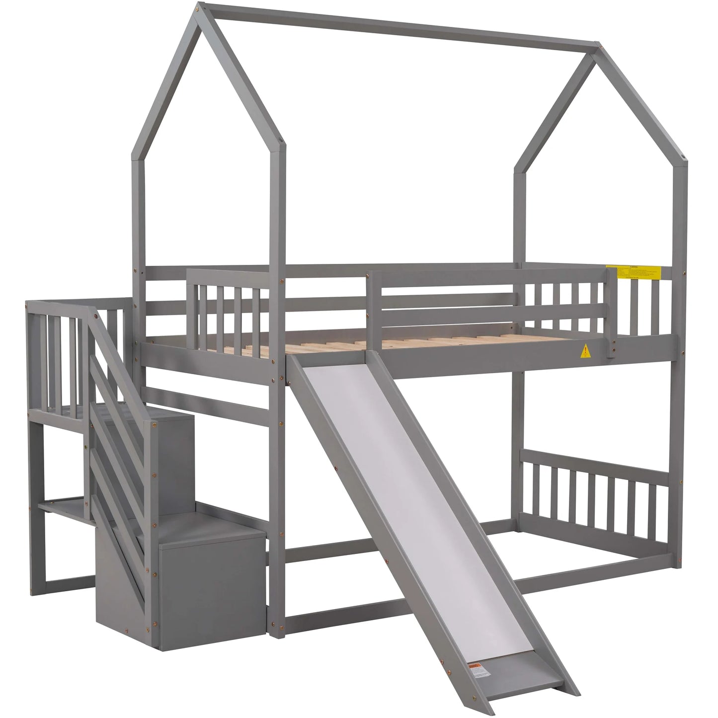 Twin House Bunk Bed with Staircase for Kids Teens Bedroom, Solid Wood Bunk Bed with Storage, Gray