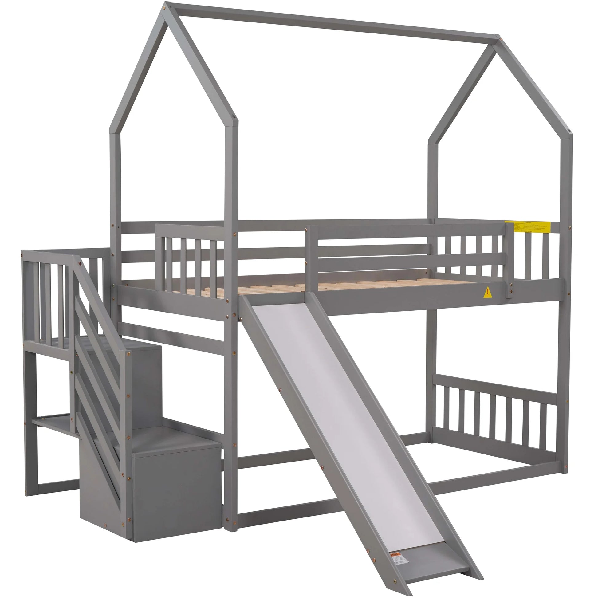 Twin House Bunk Bed with Staircase for Kids Teens Bedroom, Solid Wood Bunk Bed with Storage, Gray