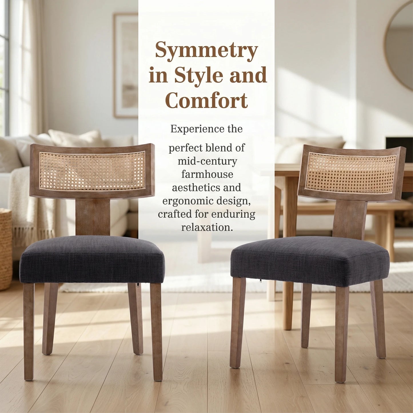 Modern Rattan Backrest Dining Chairs Set of 2, Mid-Century Farmhouse Linen Upholstered Kitchen Chairs Solid Wood Side Chairs for Kitchen Dining Room Living Room, Charcoal