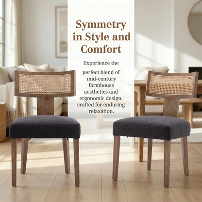 Modern Rattan Backrest Dining Chairs Set of 2, Mid-Century Farmhouse Linen Upholstered Kitchen Chairs Solid Wood Side Chairs for Kitchen Dining Room Living Room, Charcoal
