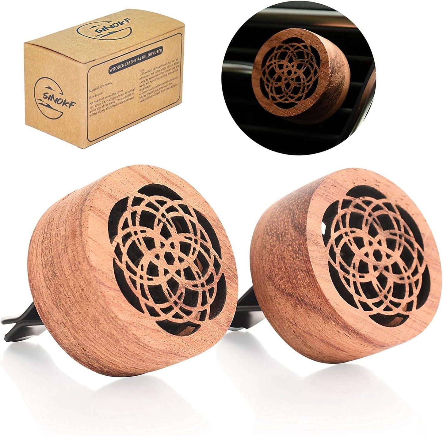 Car Essential Oil Diffuser, 2 Pcs Portable Mini Vent Clip Wooden Flower Car Diffuser for Women