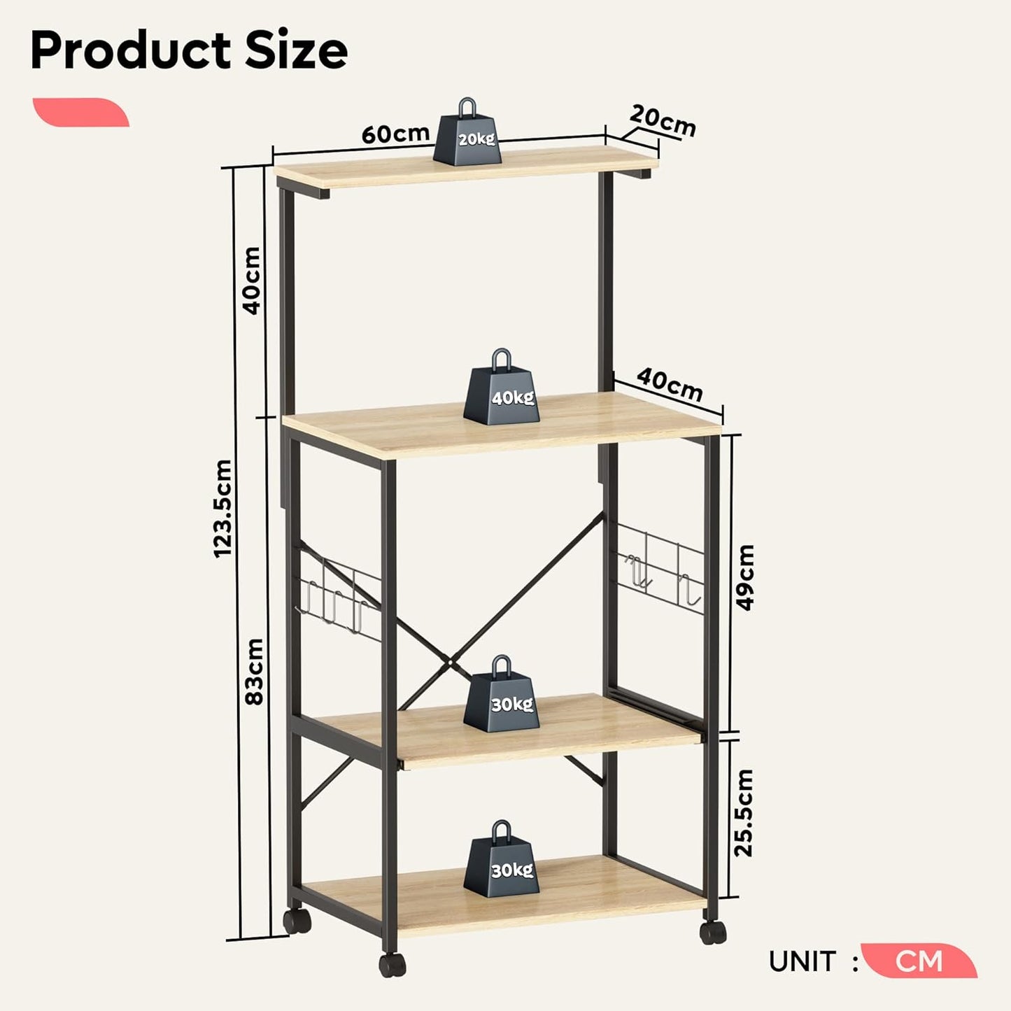 Kitchen Baker'S Rack Utility Storage Shelf Microwave Stand Cart on Wheels with Side Hooks, Kitchen Organizer Rack 4 Tier Shelves Adjustable Feet P2 Wood Oak