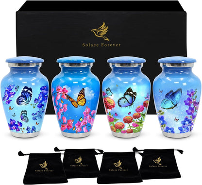 Small Keepsake Urns for Human Ashes - Set of 4 Mini Cremation Urns (Holds 3 Cu in Each) - Memorial Sharing Urns with Velvet Bag & Gift Box (Sky Blue, Set of 4)