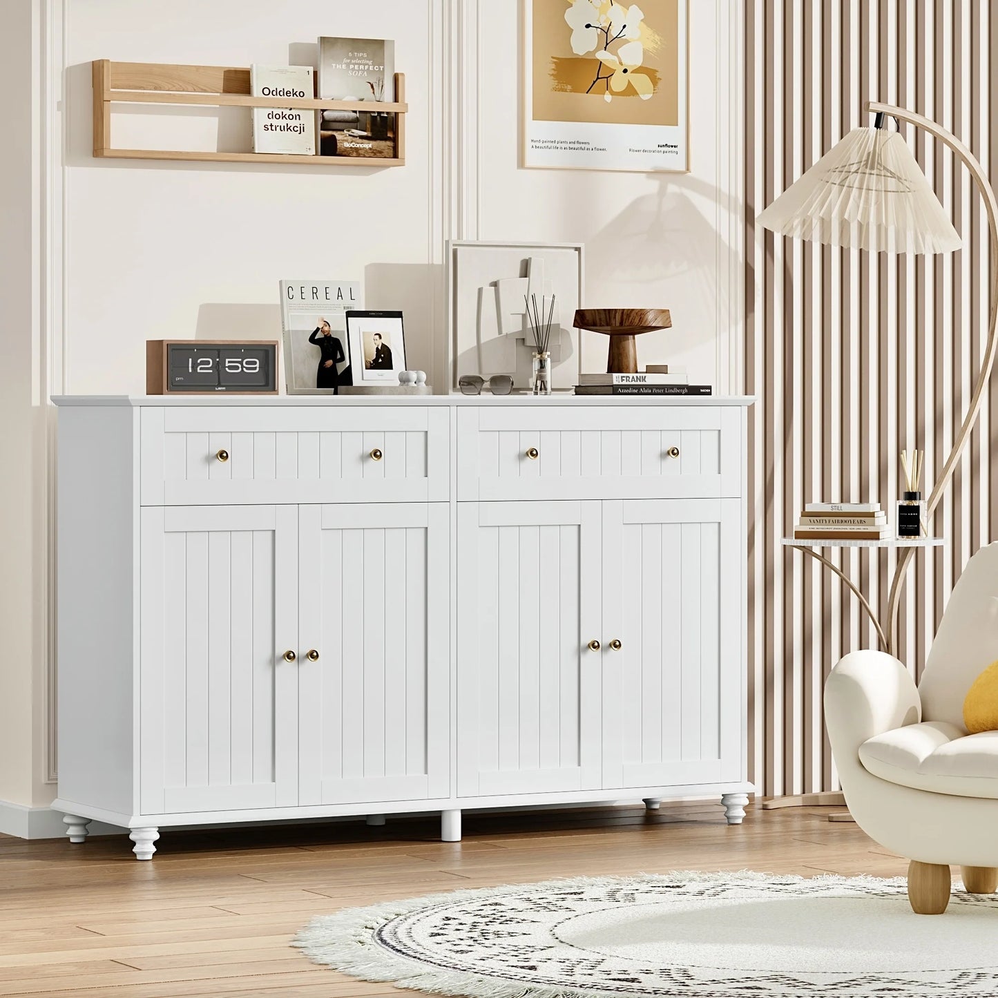 55.1"W Kitchen White Buffet Cabinet with Storage Drawer & Adjustable Shelf, Wood Coffee Bar Cabinet Sideboard for Dining Room