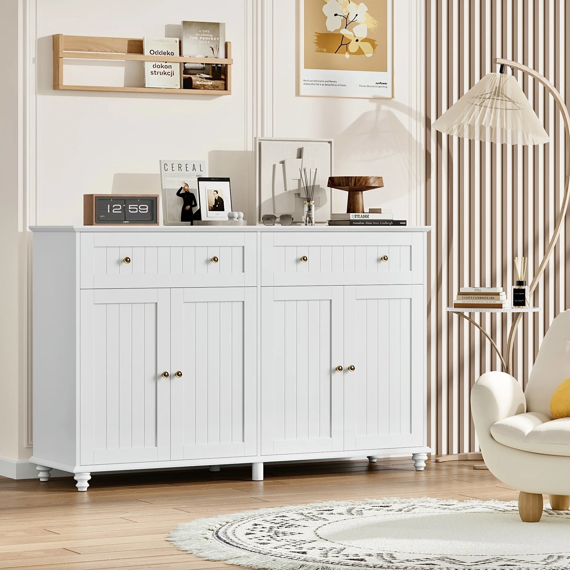 55.1"W Kitchen White Buffet Cabinet with Storage Drawer & Adjustable Shelf, Wood Coffee Bar Cabinet Sideboard for Dining Room