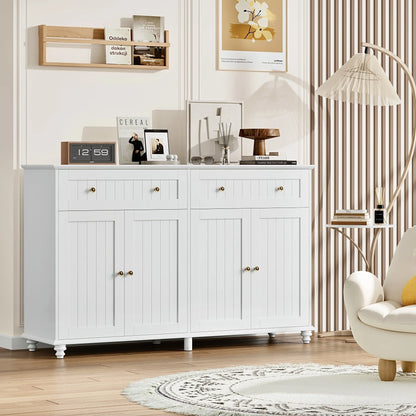 55.1"W Kitchen White Buffet Cabinet with Storage Drawer & Adjustable Shelf, Wood Coffee Bar Cabinet Sideboard for Dining Room