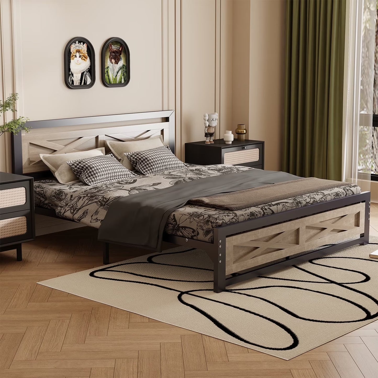 Behost Twin Bed Frame with Headboard and Underbed Storage, Metal Wood Platform Bed Frame Twin, No Box Spring Needed