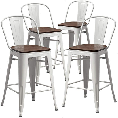 Metal Bar Stools Set of 4,24 Inch Barstools Counter Height Bar Stool with Back Farmhouse Bar Stools with Larger Seat High Back Kitchen Dining Chairs Modern Bar Chairs White Cream Stool