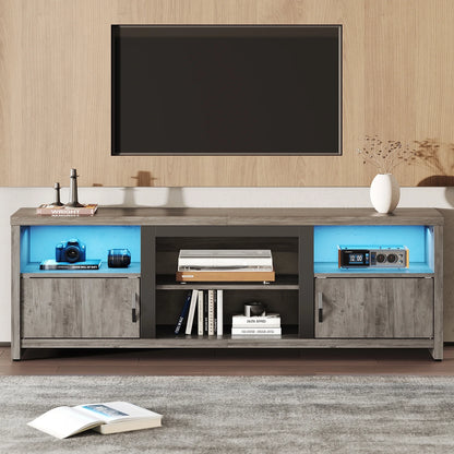 70" Farmhouse TV Stand for Tvs up to 80" with LED Lights, Entertainment Center with Cabinet & Open Shelves in Wash Grey