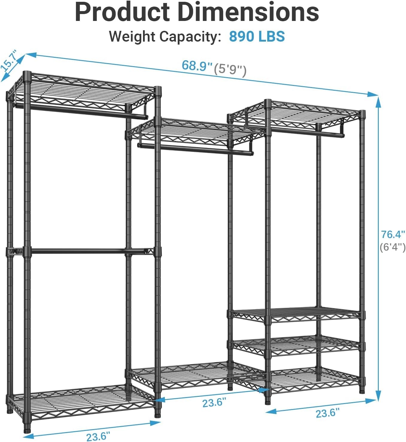 V5 Heavy Duty Clothes Rack, Portable Closet Wardrobe with 4 Hanging Rods & 8 Shelves, Freestanding Adjustable Garment Rack for Bedroom, Walk-In Closet, 890 Lbs Capacity, Black, 68.9" L