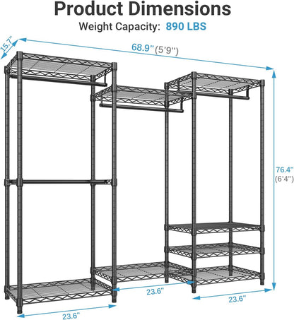 V5 Heavy Duty Clothes Rack, Portable Closet Wardrobe with 4 Hanging Rods & 8 Shelves, Freestanding Adjustable Garment Rack for Bedroom, Walk-In Closet, 890 Lbs Capacity, Black, 68.9" L