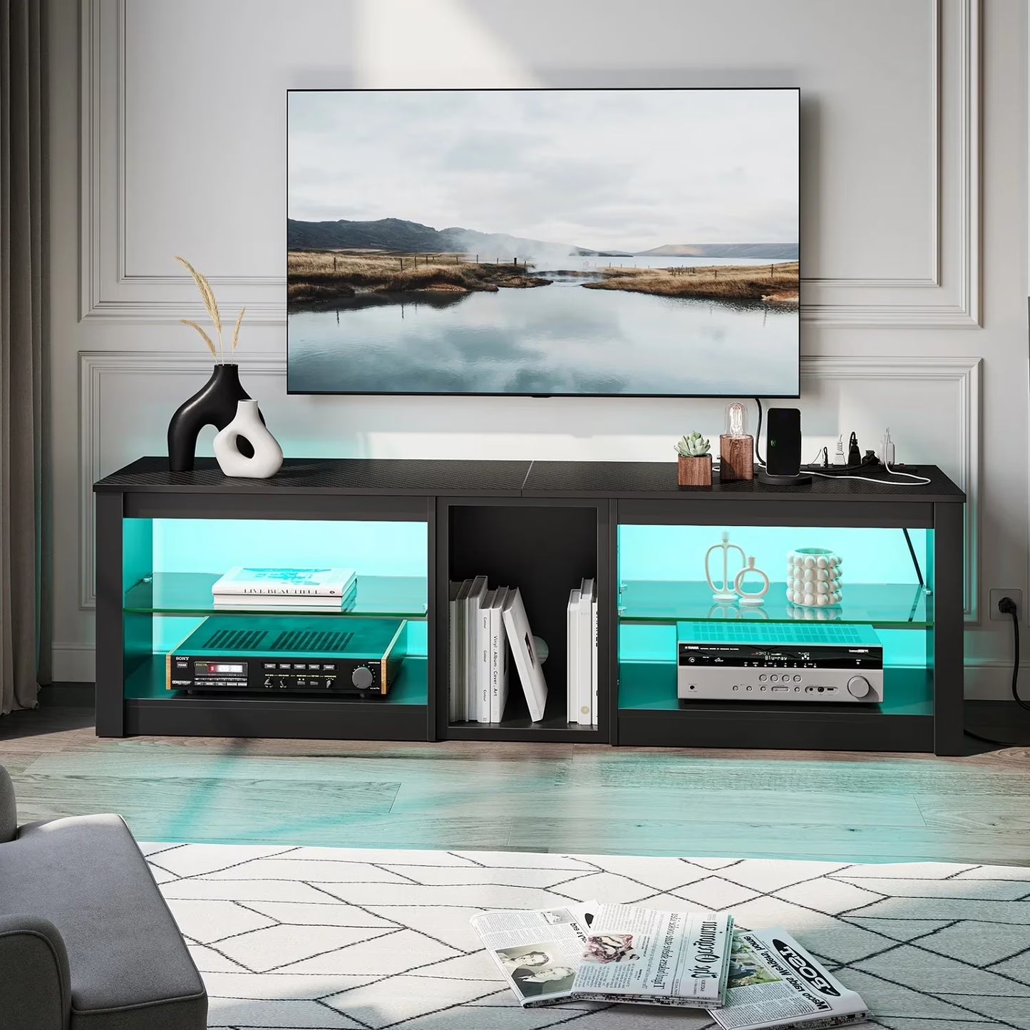 TV Stand for Tvs up to 70" with LED Light, Entertainment Center for PS5 with Shelves, Wash White