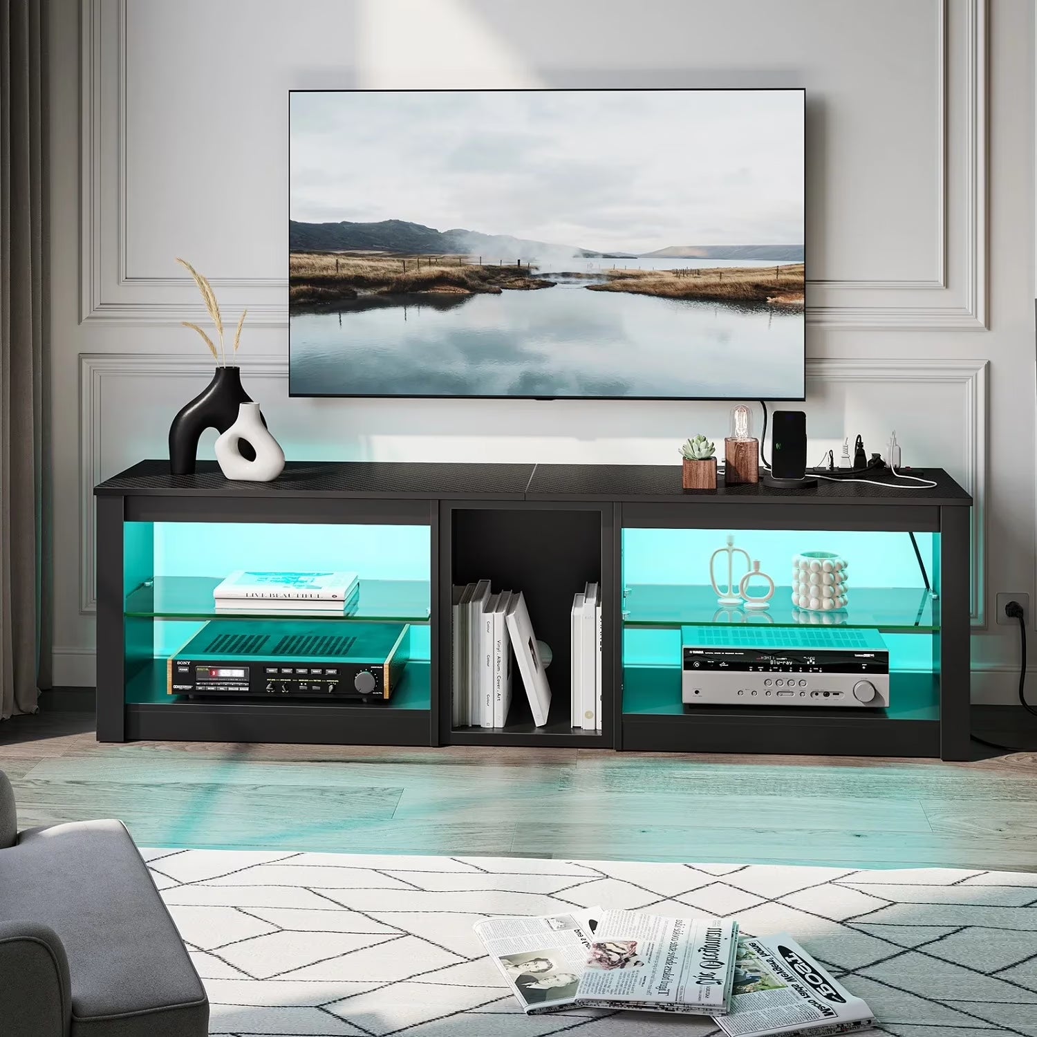TV Stand for Tvs up to 70" with LED Light, Entertainment Center for PS5 with Shelves, Wash White