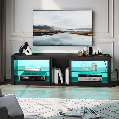 TV Stand for Tvs up to 70" with LED Light, Entertainment Center for PS5 with Shelves, Wash White