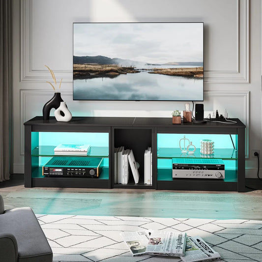 TV Stand for Tvs up to 70" with LED Light, Entertainment Center for PS5 with Shelves, Wash White