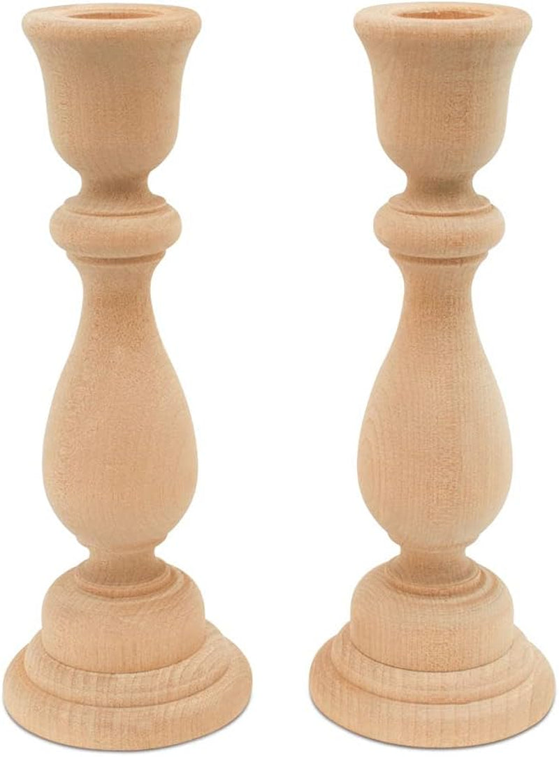 Wood Candle Holders, 6-3/4 Inch Wooden Candlestick Holders with 3/4 Inch Hole, Set of 2 Unfinished Wooden Candle Holders, Farmhouse Rustic Candle Holder for Crafts, Decorating and Painting