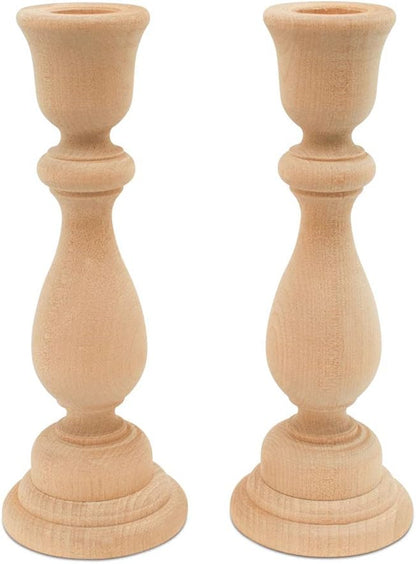 Wood Candle Holders, 6-3/4 Inch Wooden Candlestick Holders with 3/4 Inch Hole, Set of 2 Unfinished Wooden Candle Holders, Farmhouse Rustic Candle Holder for Crafts, Decorating and Painting