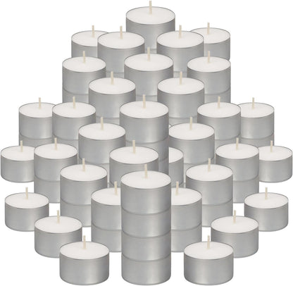50 Unscented Tea Lights - 8 Hours Burn Time - Premium European Quality - Consistent Smokeless Flame - 100% Cotton Wick - Dinner, Wedding, Party, Restaurant, Spa, Church, & Home Décor Tealights