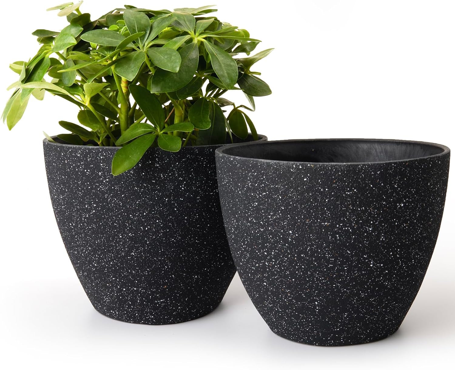 Flower Pots Outdoor Garden Planters, Indoor Plant Pots with Drainage Holes, Plastic, Speckled Black, Set 2 (7.5 + 7.5 Inch)