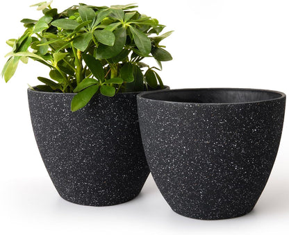 Flower Pots Outdoor Garden Planters, Indoor Plant Pots with Drainage Holes, Plastic, Speckled Black, Set 2 (7.5 + 7.5 Inch)