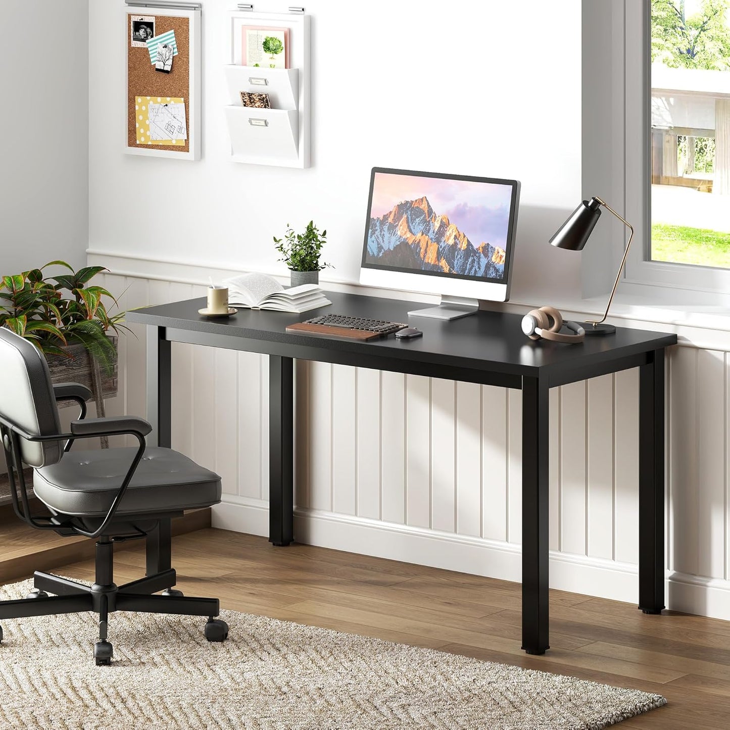 Computer Desk, 47 Inch Home Office Desk, Modern Simple Style Home Office Gaming Desk, Basic Writing Table for Study Student, Black Metal Frame, Black Table Top