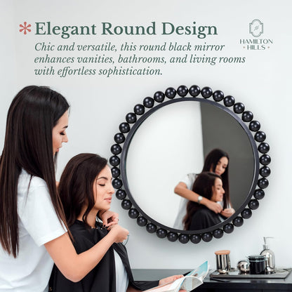 Black Circle Mirror - 33 X 33In - Chic round Mirror for Living Room, Bathroom, Entryway, Vanity Decor -Dimensional Crystal Clear Beads Reflect Light - Home Wall Decor