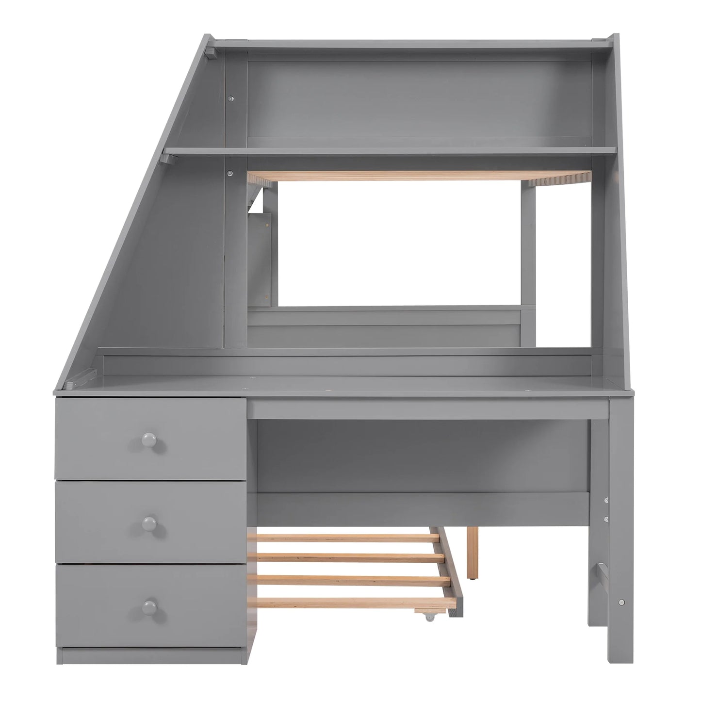 Wood Twin over Full Bunk Bed with Twin Trundle, Built-In Desk with Shelf and 3 Drawers for Kids Teens Adults, 3-In-1 Beds, Gray