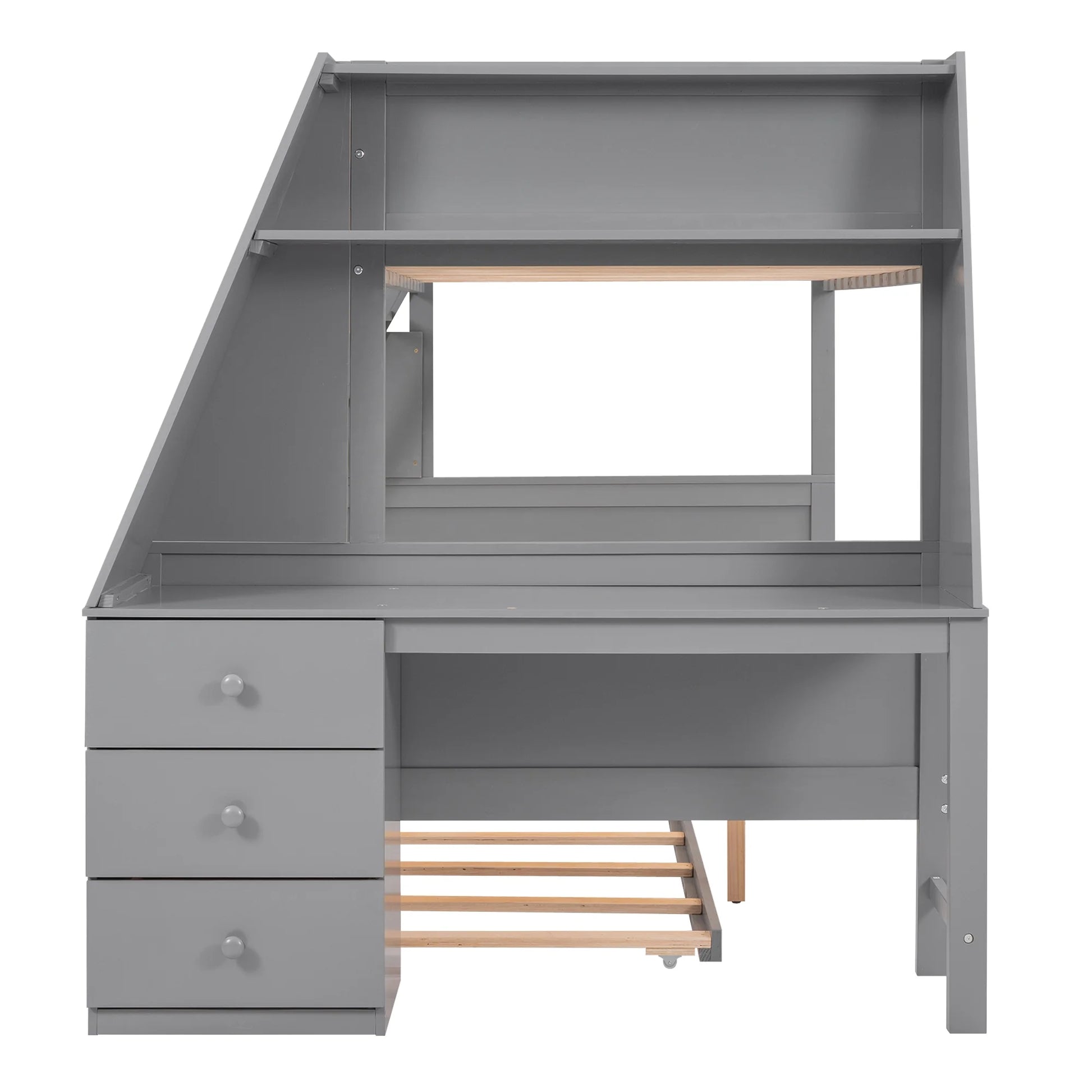 Wood Twin over Full Bunk Bed with Twin Trundle, Built-In Desk with Shelf and 3 Drawers for Kids Teens Adults, 3-In-1 Beds, Gray