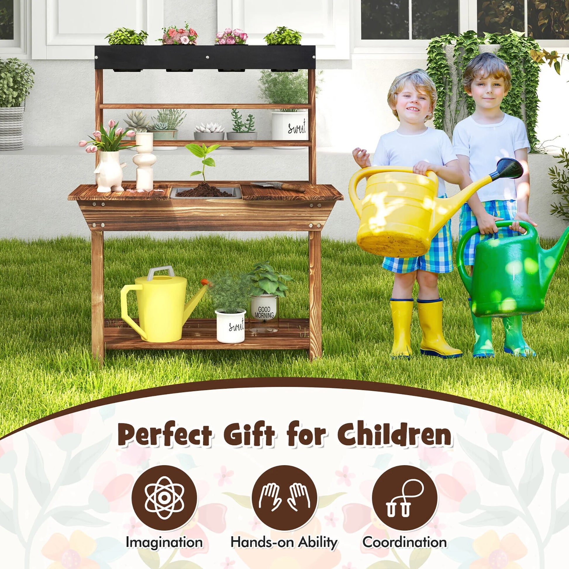 Kids Potting Bench Wooden Toy Gardening Center W/ Removable Sink & Chalkboard