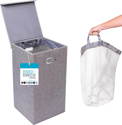Laundry Hamper with Lid | Removable Bags for Sorting Clothes | Sectioned Laundry Basket for Bedroom & Bathroom | Collapsible Storage Bin with Cover | Single, Grey