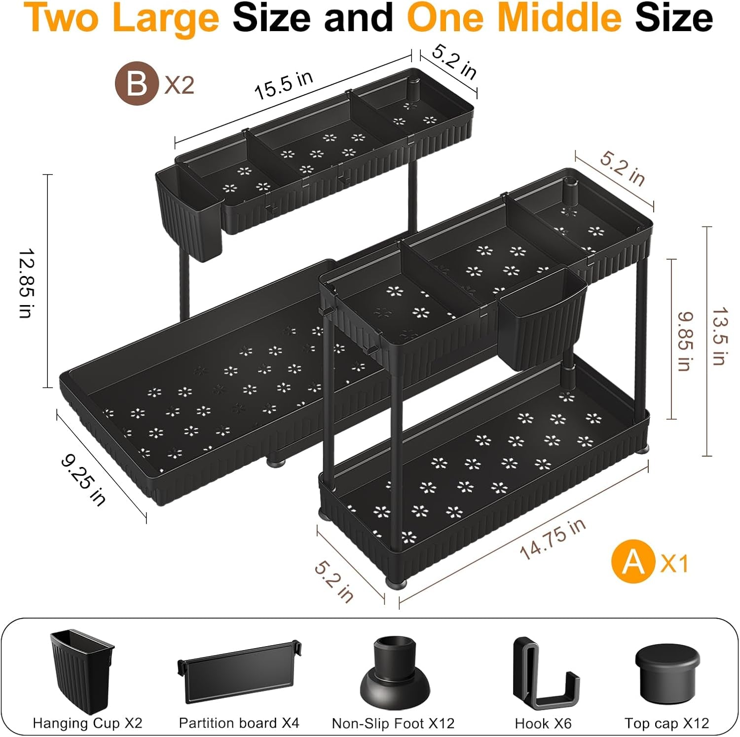 L-Shaped Pull-Out Storage Organizers, 3 Pack (Black, 12.85 Inch)