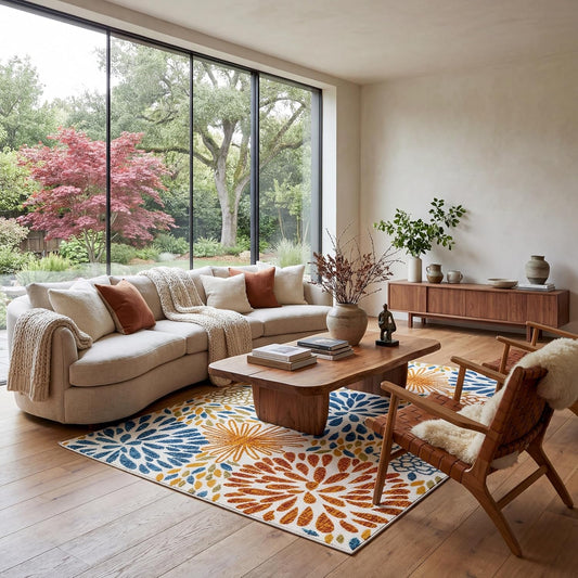 Monique Blue/Multicolor, 5' X 8', Floral, Soft and Textured, High Traffic, Stain Resistant, Easy Clean, Durable Area Rug for Indoor/Outdoor Patio, Deck, Porch, Garden, Courtyard