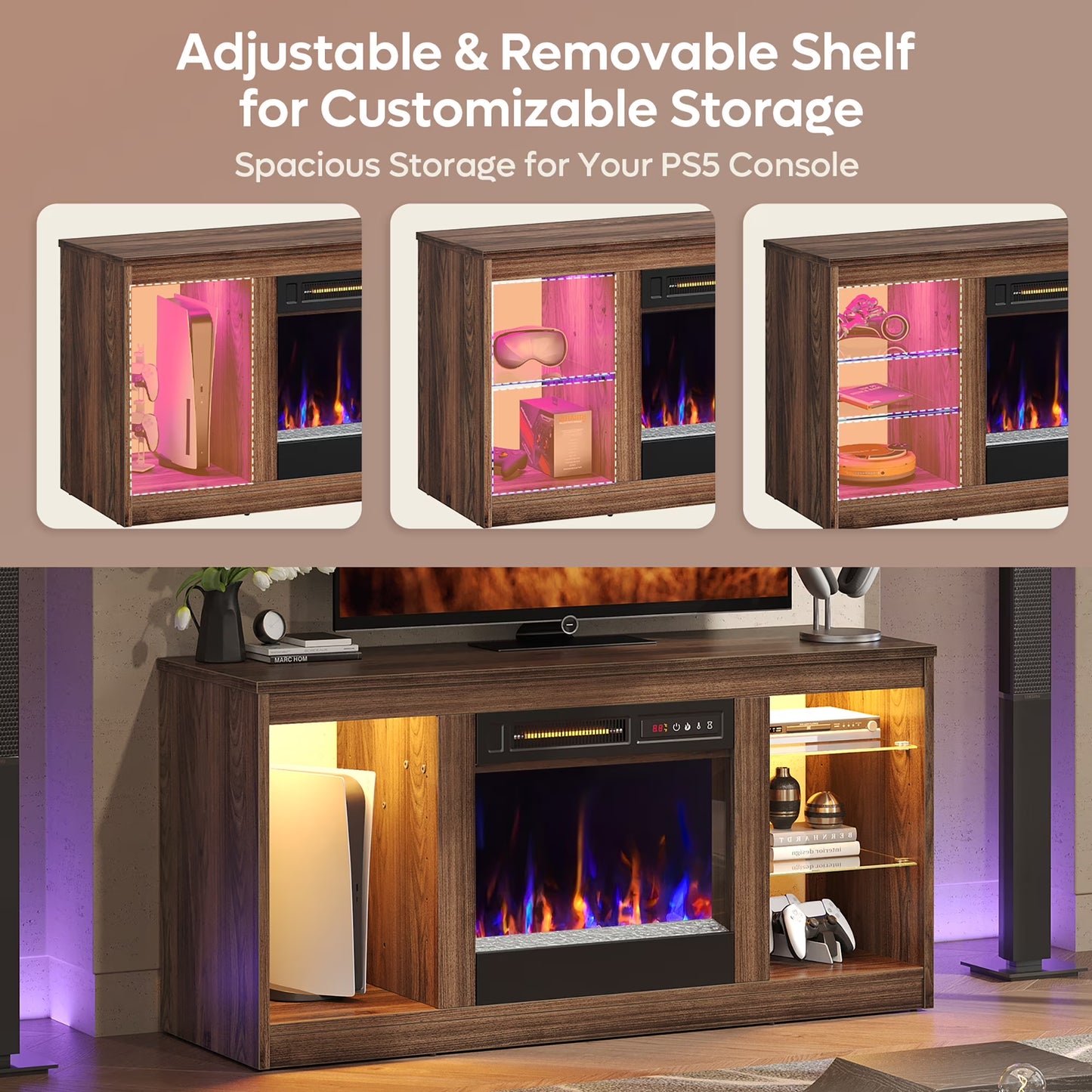 Modern Electric Fireplace TV Stand for Tvs up to 55", with LED and Glass Shelves, Walnut