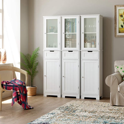 Bathroom Storage Tower, Narrow Linen Cabinet with Door and Drawers, Tall Bathroom Storage Cabinet for Small Spaces, White