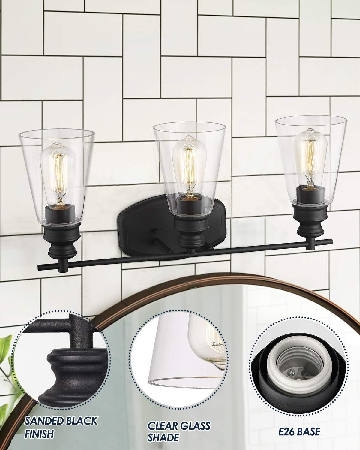 Bathroom Light Fixtures, 22.25 Inch 3-Light Vanity Lights with Clear Glass Shade in Black Finish, MBA99987-3