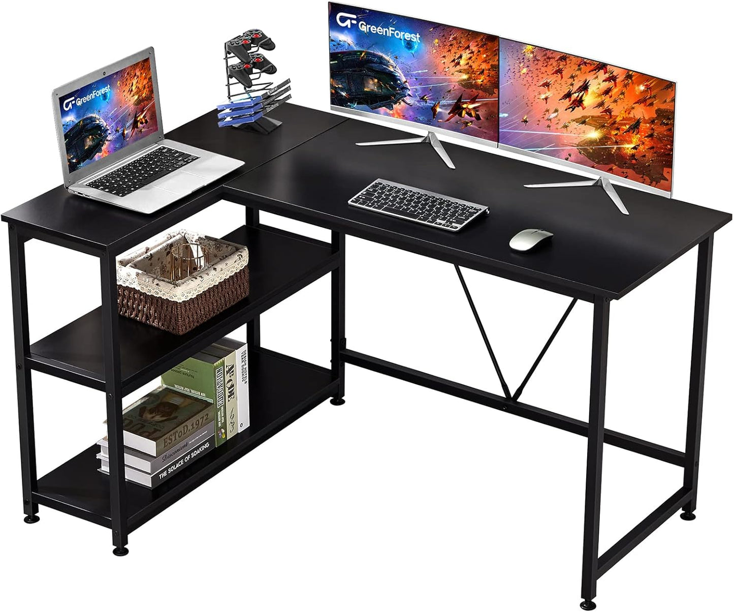 51 Inch L Shaped Gaming Desk Small Reversible Corner Gaming Computer Desk with Storage Shelves for Home Office PC Workstation Laptop Table, Black