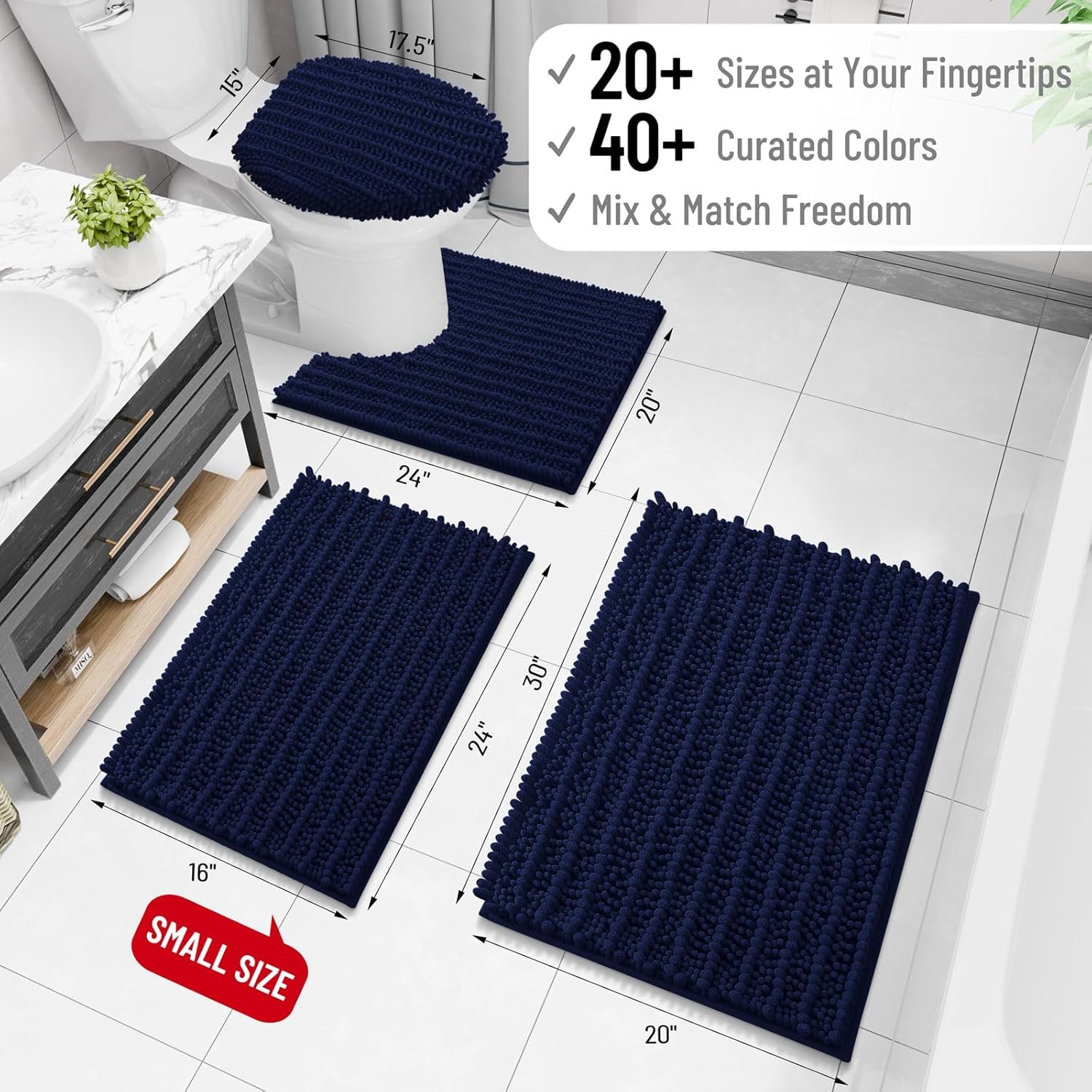 Luxury Bathroom Rugs 24X16, Extra Soft Thick Absorbent Shaggy Chenille Bath Rugs, Non-Slip Machine Wash Dry, Bath Mats for Bathroom Floor, Tub and Shower, Home Decor Accessories, Navy