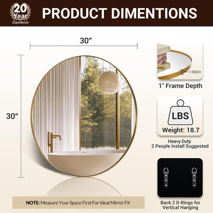 round Gold Mirror 30 Inch, Brass Mirror with Brushed Gold Frame, Wall Mounted Stainless Steel Metal Frame round Mirror for Bathroom, Living Room, Bedroom