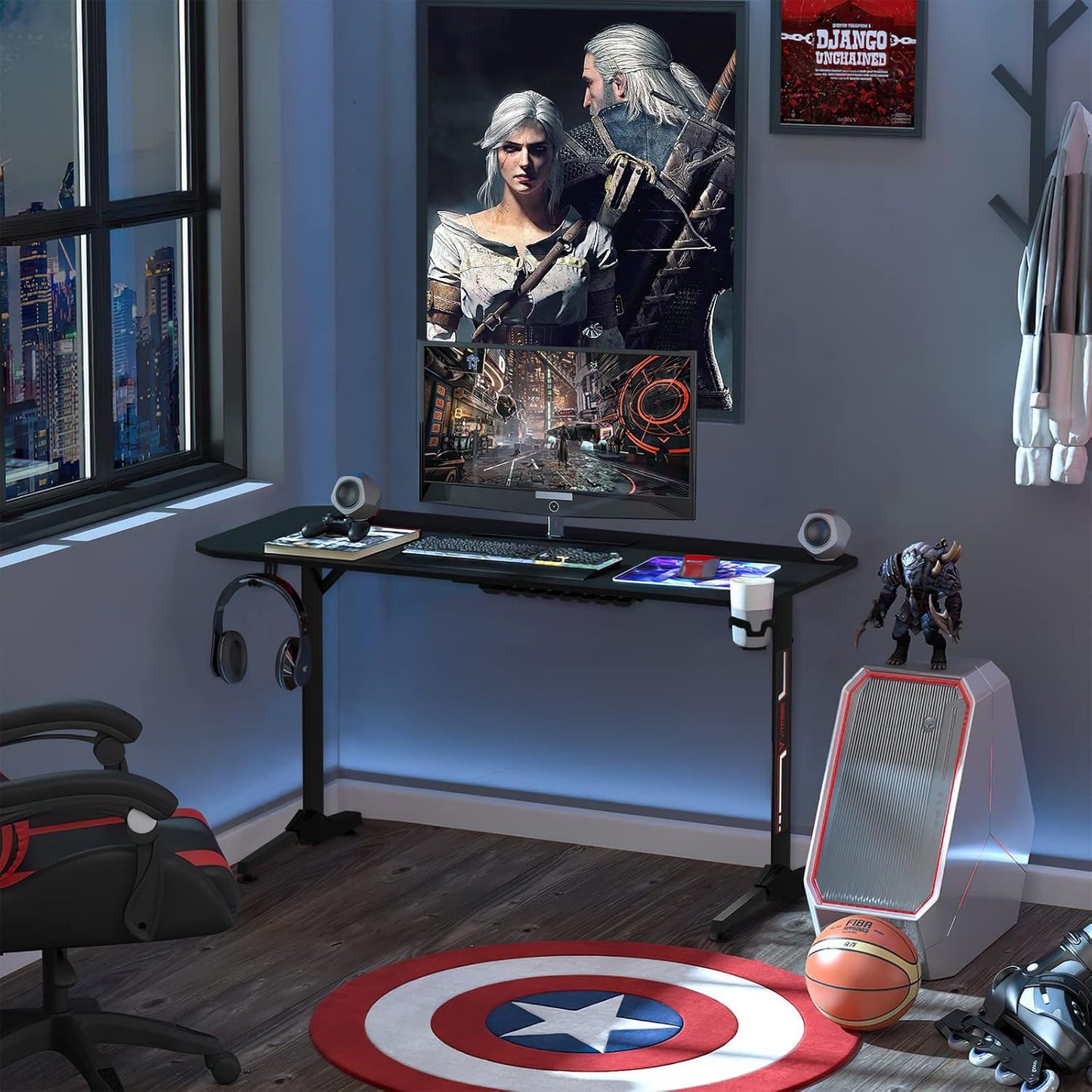 Gaming Desk 55 Inch, Gaming Computer Desk, PC Gaming Table, T Shaped Racing Style Professional Gamer Game Station with Large Mouse Pad, Gaming Handle Rack, Cup Holder…