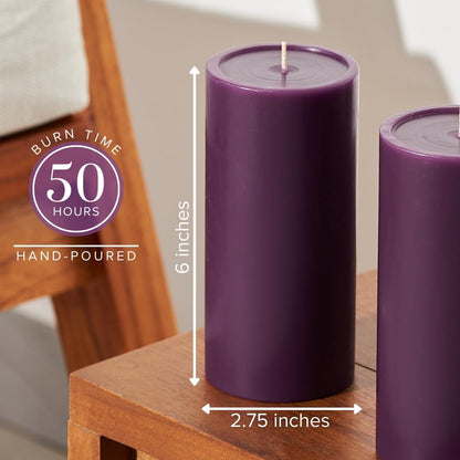 Purple Plum Pillar Candles 3X6 Inch, Set of 3 – Unscented Smooth Purple Candles, Dripless Decorative Candles for Home Decor, Weddings & Events