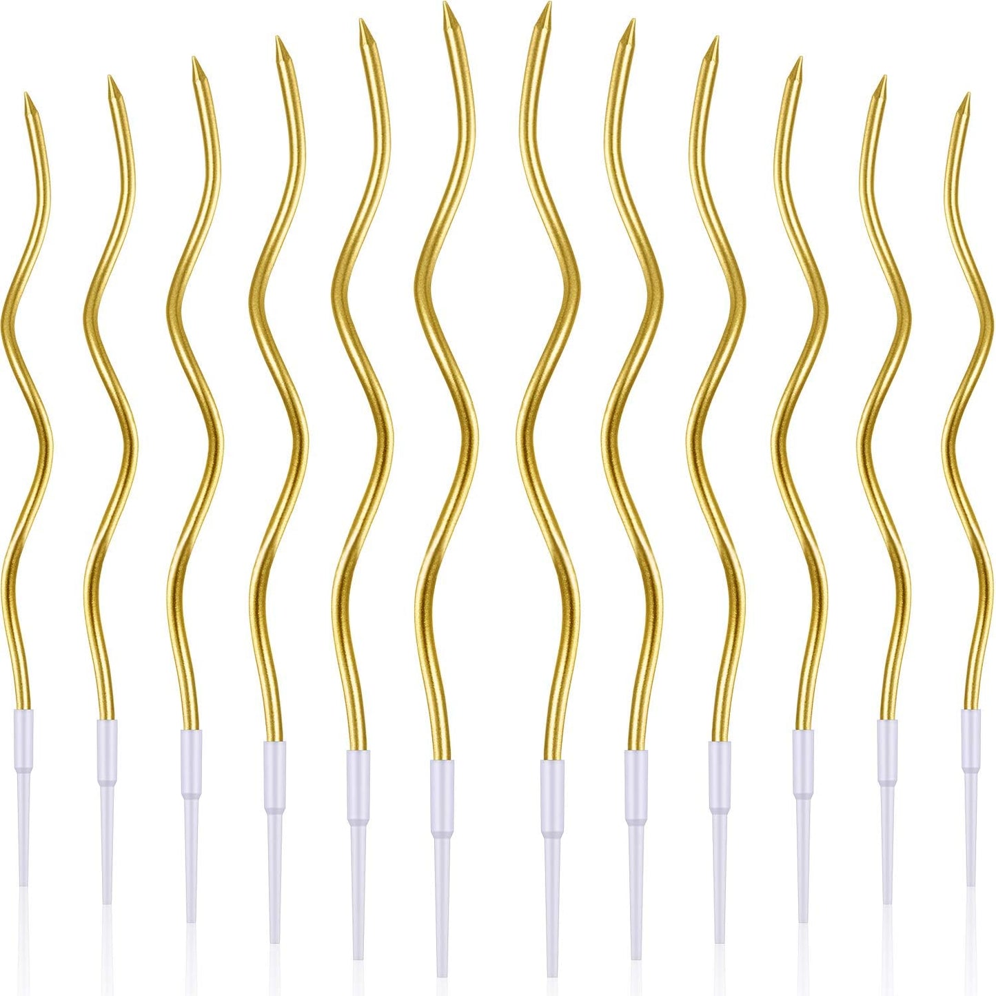 12 Pcs Twisted Birthday Candles Spiral Metallic Cupcake Thin Long Cake Candles with Holders for Birthday Wedding Party(Gold)