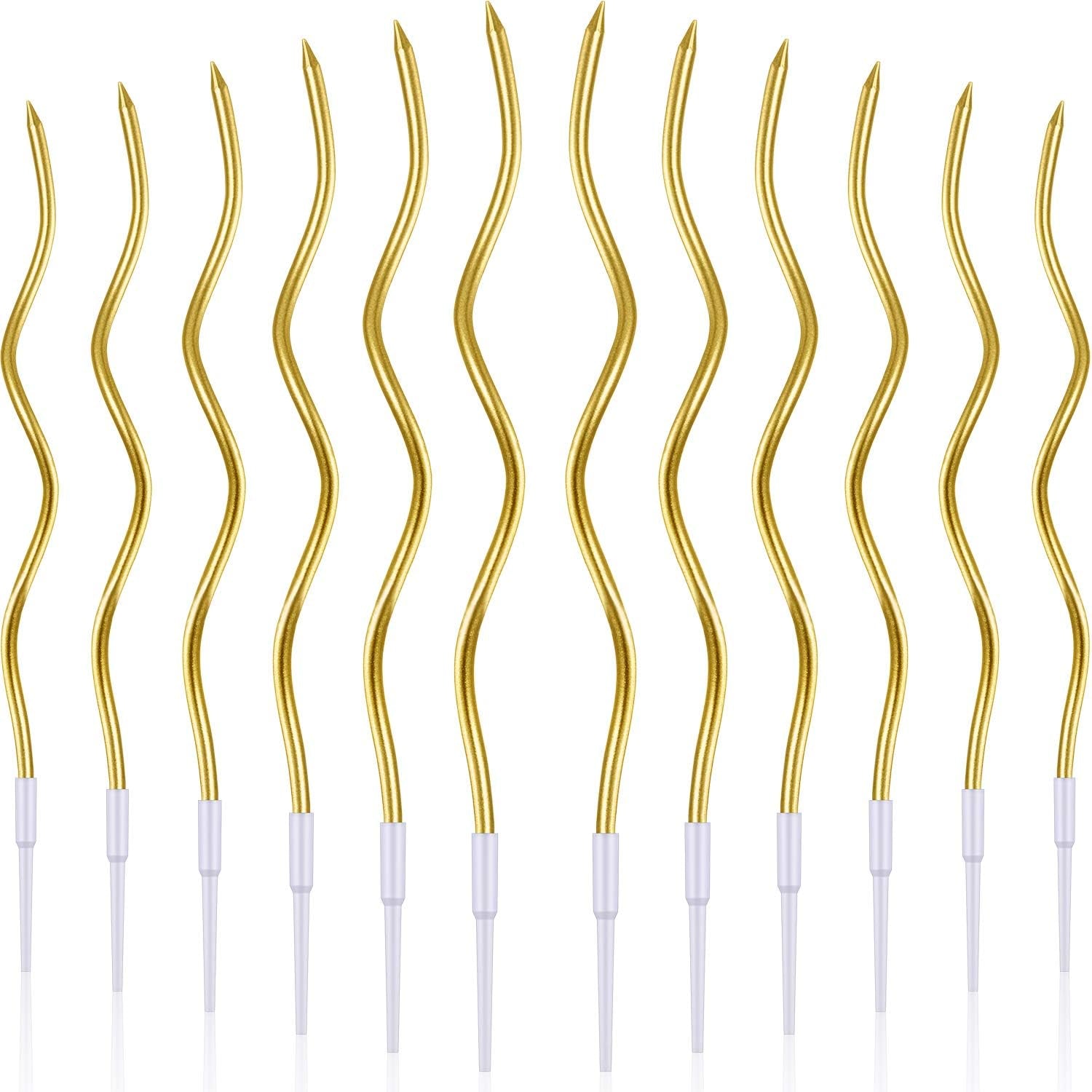 12 Pcs Twisted Birthday Candles Spiral Metallic Cupcake Thin Long Cake Candles with Holders for Birthday Wedding Party(Gold)