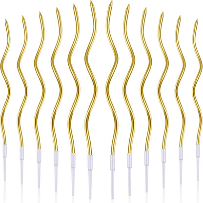 12 Pcs Twisted Birthday Candles Spiral Metallic Cupcake Thin Long Cake Candles with Holders for Birthday Wedding Party(Gold)
