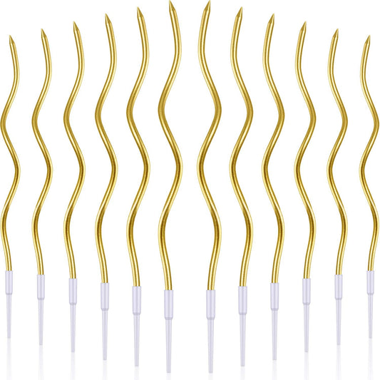 12 Pcs Twisted Birthday Candles Spiral Metallic Cupcake Thin Long Cake Candles with Holders for Birthday Wedding Party(Gold)